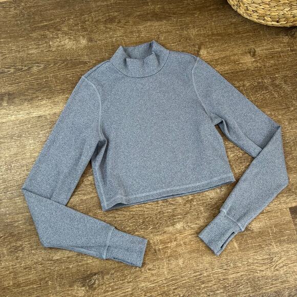 Offline By Aerie Mock Neck Ribbed Cropped Long Sleeve Dusty Blue Top - Picture 2 of 6